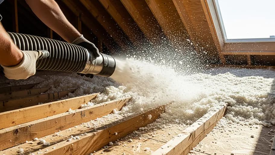 Le soufflage : technique d'isolation des combles perdus rapide (1 à 2 jours) et économique, réalisée par les équipes KS Renov dans tout le 95. Soufflage de ouate de cellulose dans des combles perdus par un artisan RGE — chantier d'isolation thermique en Val d'Oise