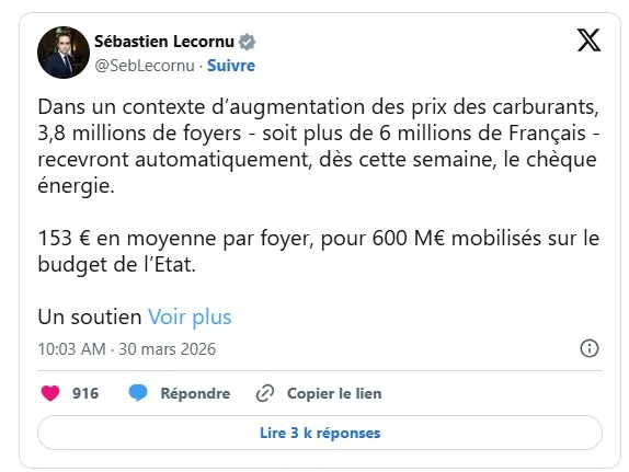 Annonce officielle du Premier ministre concernant le chèque énergie 2026